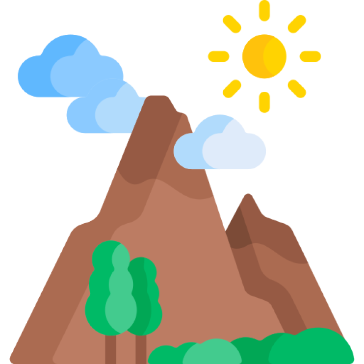 Decorative illustration of mountains, sun and clouds